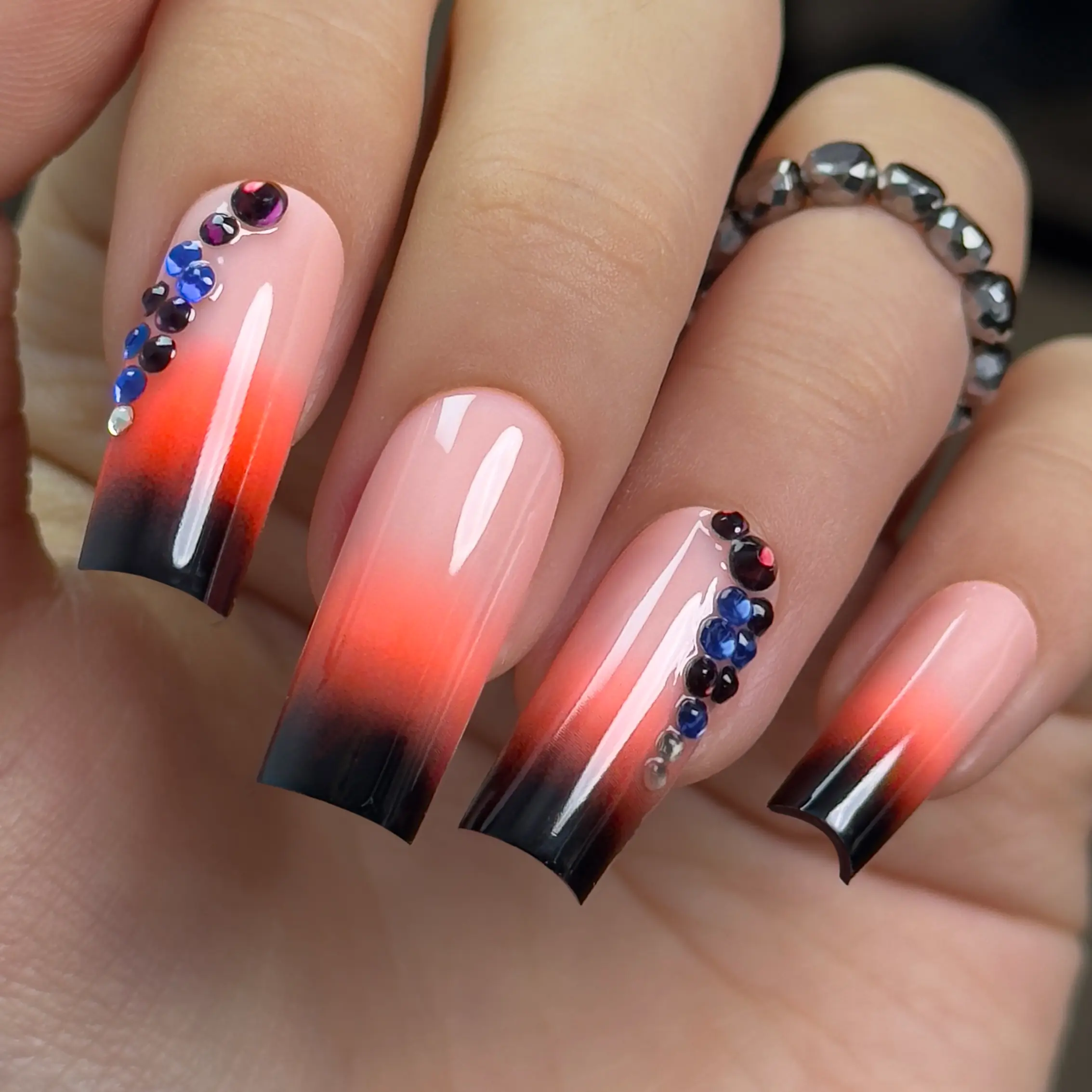 Curvlife long square  french; ombre Gel Press On Nails french nude glossy shiny Nail Art 2 Week Wear