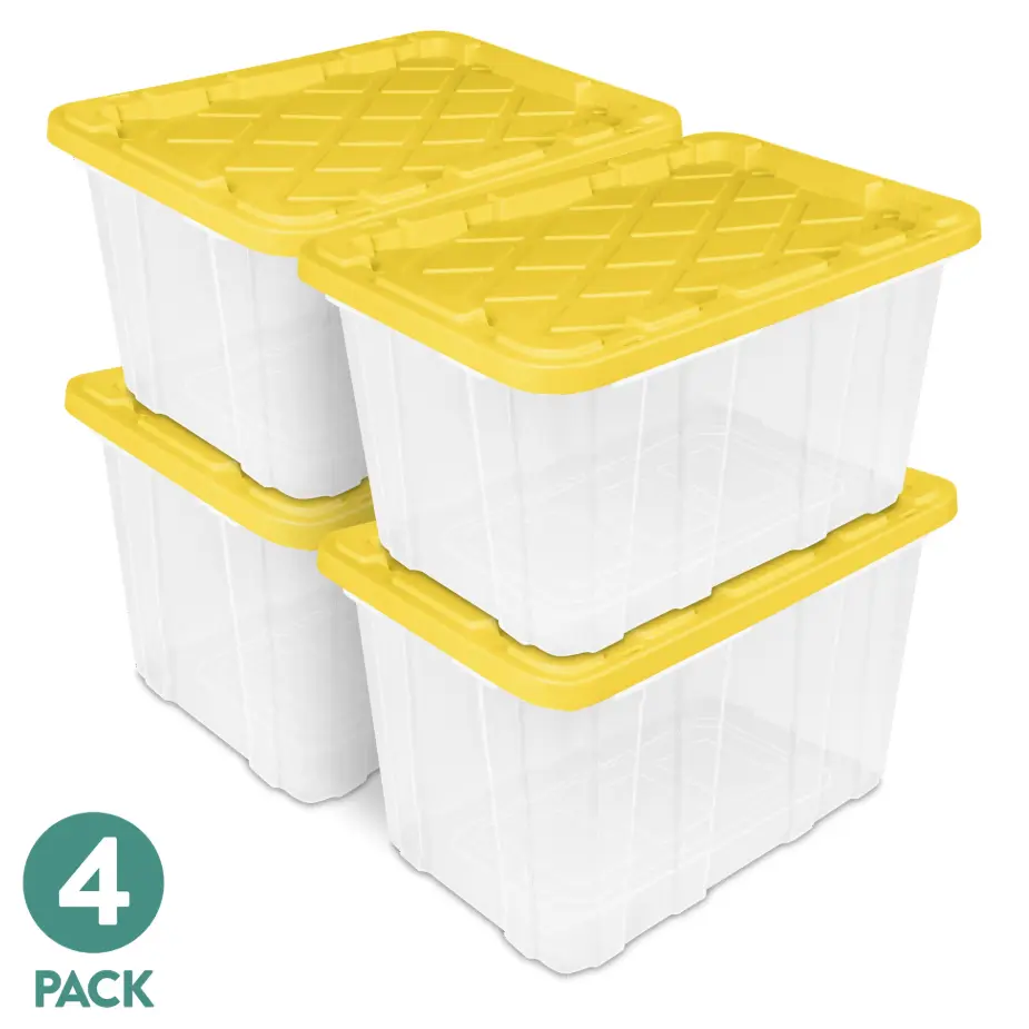 Sterilite Large Industrial Storage Tote, 27 Gallon Durable Clear Plastic Storage Bin with Snap-Fit Lid, Yellow, 4 Pack