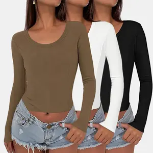 3 Piece Set Women's Long-Sleeved Y2KTrend Round Neck Fitted Top Rib Knit Short Sleeved T-Shirt Stretchable Basic Short-Sleeved Shirt 21St Century Style High Neck Top With Elements Of the 90s Style Can Be Paired With Denim Shorts Or Mini Skirts