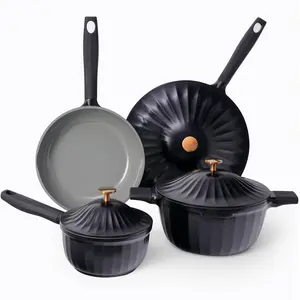 Nonstick Ceramic Cookware Set (7 Piece)–Titanium Cast Aluminum Pots and Pans Set with Lids, Non Toxic PFAS-Free Compatible with All Stovetops–Jet Black