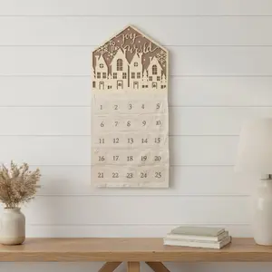 360 stand Lighted Glow Traditional Advent Calendar - Wooden & Beige Fabric Wall Mounted Countdown Decor (35x17 in), "Joy to the World" Christmas Home Festive Gift Supply
