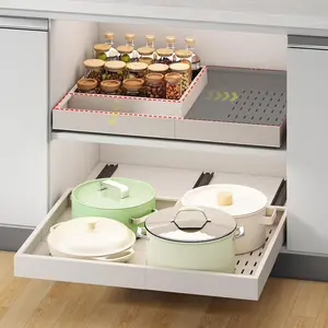 Expandable Pull Out Cabinet Organizer, 14"-21" Adjustable Width 17"-24" Depth, No Drill 3 Rails Slide Out Drawers, Adhesive Roll Out Shelves for Kitchen Pantry Cabinets Without Lip, White