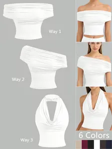 Fashionable New Sexy Blouse Women's Multi Way Wear Ruched Off The Shoulder Tops Draped Cowl Neck Halter Tops 3 Ways to Wear Womenswear