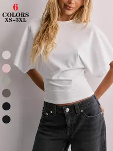 2026 New Fashionable Elegant Solid Color Casual VersatileWaist Ruched Womenswear T-Shirt Fit, Suitable For Daily, School, Beach,Vacation, And Home Wear Black Summer