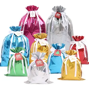 15PCS Christmas Drawstring Gift Bags, Assorted Sizes Solid Color Goodie Bags Presents Wrapping Bag with Drawstring Ribbons and Tags, Gift Wrapping Bag for Christmas Holiday Birthday Party