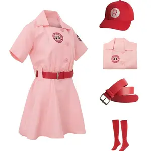 Dealsforyoudays Women's Baseball League Dottie Costume Jersey Dress Uniform Set with Hat & Red Belt Pink Outfit for Christmas Gift Birthday Cosplay