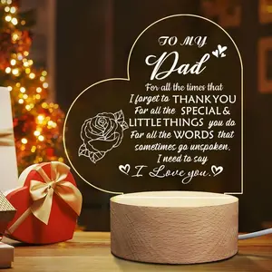 Acrylic Night Light with Wooden Base, USB Powered Personalized 'i Love You, Dad' LED Plaque, Perfect Christmas Birthday Thank You Gift