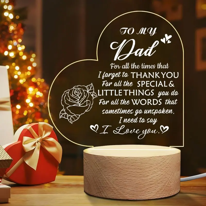 Acrylic Illuminated Night Light with Wooden Base, Heart Shape Light, USB Powered Personalized 'i Love You, Dad' LED Plaque, Perfect Christmas Birthday Thank You Gift, Acrylic Night Lights