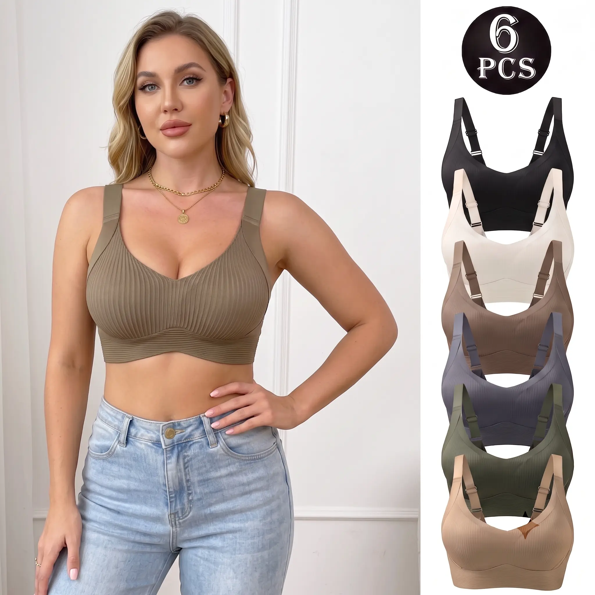 Women's 6‑Pack Seamless Wireless No Underwire V‑Neck Bralette, Full Coverage & Back Smoothing Anti‑Bulge, High‑Stretch Breathable Buttery Soft Fabric, Adjustable wide Straps Removable Pads, Light Support T‑Shirt Bra for Yoga Lounge Everyday Lingerie