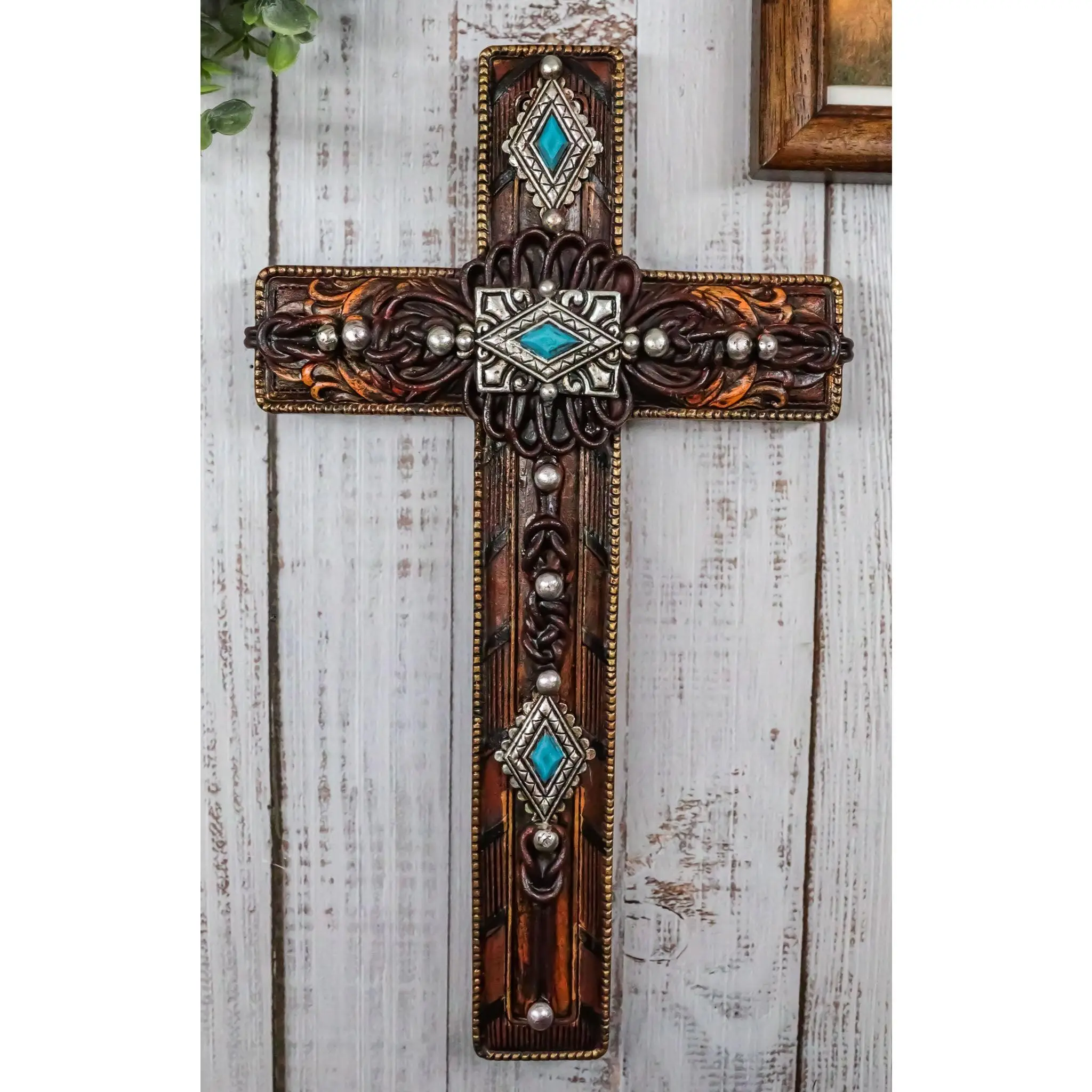 Handmade Rustic Cowboy Religious Wall Cross Decor - 7" Wide Tooled Leather, Silver Conchos, Turquoise Gems Home Ornaments