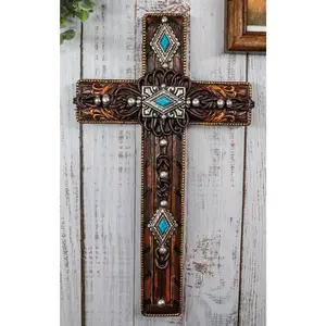 Rustic Western Turquoise Gems Silver Conchos Tooled Leather Wall Cross Decor