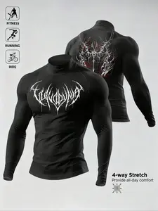 Men's High Neck Gothic Print Long Sleeve Top, Casual Fitted Design, Comfortable for Running, Cycling, Gym, Fall & Winter Wear