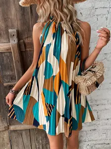 Geometric Colorblock Halter Pleated Dress, Sleeveless Backless A-Line Skirt, Summer Vacation Beach Style, Short Fitted Casual Dress