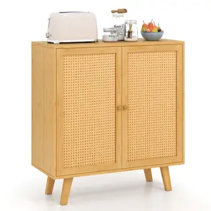 COSTWAY - Bamboo Buffet Storage Cabinet with PE Rattan Doors and Freestanding Kitchen Cupboard-Natural