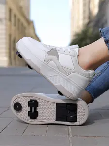 Unisex Button-Operated Four-Wheel Roller Skates, PU Leather Lightweight Durable Dual-Roller Invisible Skate Shoes, All Seasons, Shoes With Wheels