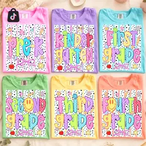 [SALE OFF 50%] Neon Striped Back To School Smiley Face Shirt, Comfort Colors Checkered Teacher Tee, Pre-K To Fourth Grade Apparel, Colorful School Grade Tshirt, Teacher Coquette Wear 01R