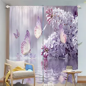 2Pcs Beautiful Butterfly & Lilac Floral Curtains, Romantic Purple Design, for Living Rooms, Bedrooms, Kitchens, Home Decor, Privacy Protection Translucent tube bag design