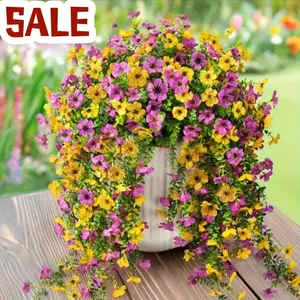 Artificial hanging purple flower plants, suitable for outdoor summer decoration. The imitation flowers and eucalyptus leaves are resistant to ultraviolet rays and have a realistic appearance. Suitable for outdoor furniture and indoor flower pots.