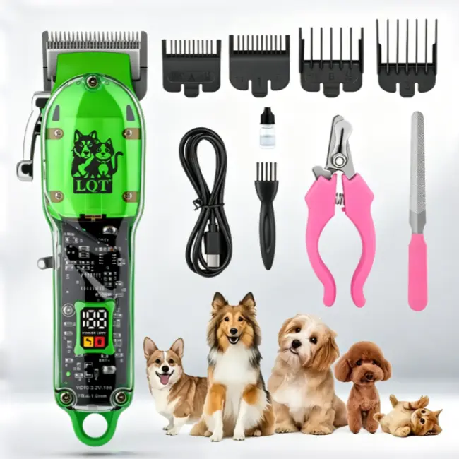 LQT Transparent Green Pet Grooming Kit, USB Rechargeable Hair Clippers with LCD Display, 4 Guards & Nail Trimmer for Dogs and Cats, Lcd Screen, Plastic Body