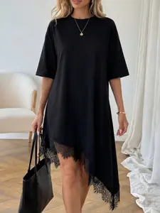 Women's Summer Asymmetric Lace Patchwork Round Neck Three-Quarter Sleeve Casual Daily Dress, Stylish and Comfortable Design, Womenswear