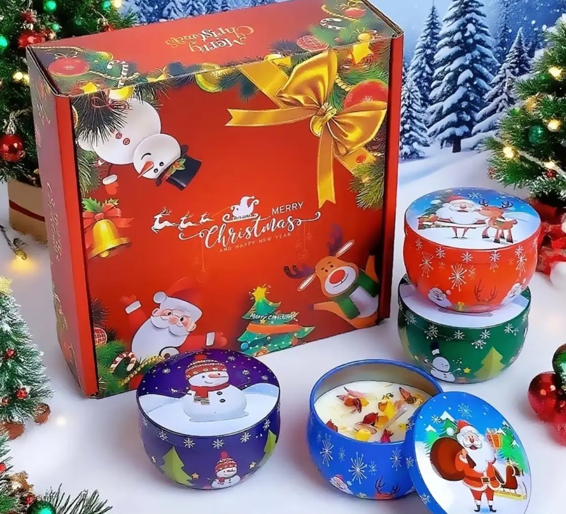 Soy Wax Christmas Candle Gift Set - 4 Scented Tin Candles with Vanilla Cream, Apple Cinnamon, Ocean Scents
