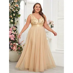 Elegant Plus Size V-Neck Sequin Embroidered Sleeveless Maxi Dress - Contrast Mesh, Non-Stretch Polyester, Regular Fit, Trapeze Hem, All-Season Wedding Bridesmaid Prom Gown Womenswear Workwear