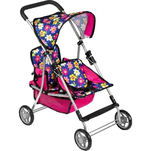 Twin Baby Doll Stroller - Pretend Play Baby Stroller for Dolls - Toy Stroller with Storage Basket for Baby Doll Accessories - Flower Design Folds Easily for Kids