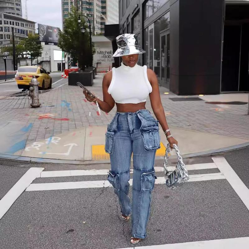 Women High Waisted Cargo Pants Wide Leg Casual Pants 6 Pockets Combat Military Trousers