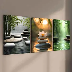 3-Piece Modern Art Canvas Prints, Solid Wood Framed Wall Decor, Bathroom Wall Art, Zen Nature Posters, High-Quality Waterproof Home