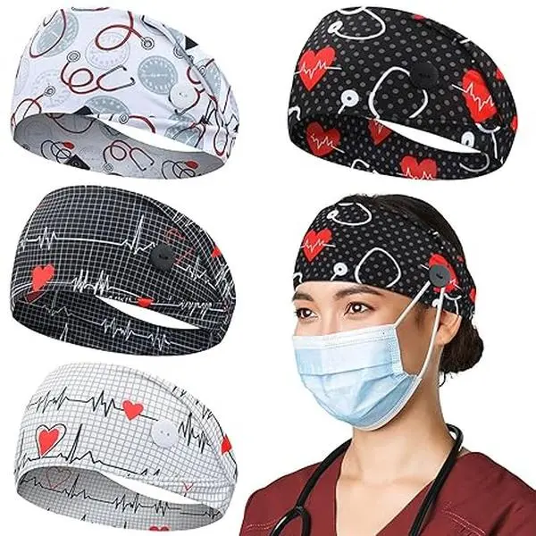 Headbands with Button for Mask, Wide Nurses Headbands Non Slip Elastic Ear Protection for Women Men Doctors Sweatband Head Wrap (BUTTON- 4 PACK COLOR20)