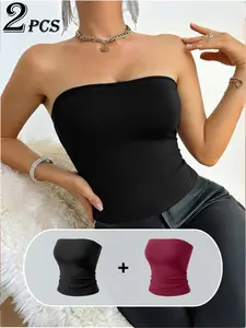2-Pack Black Tube Tops for Women, High Stretch Slim Fit Y2K Streetwear, Must-Have for Beach Vacation & Stylish Photoshoot Outfits