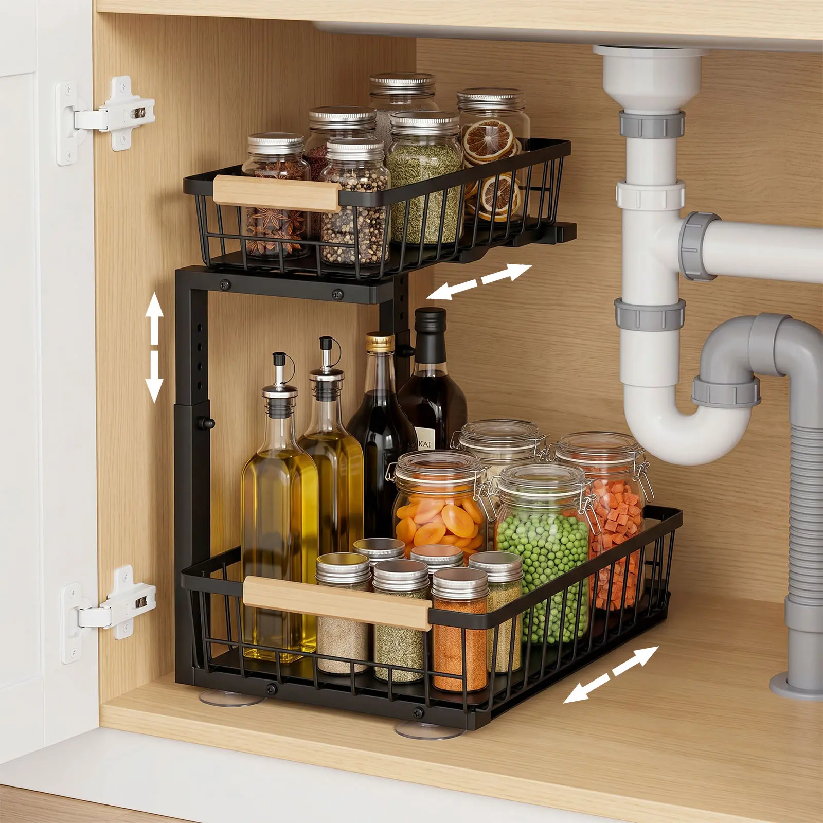 Under Sink Organizer, Height Adjustable Under Sink Organizers and Storage, 2 Tier Pull Out Drawer Cabinet Organizer for Kitchen Bathroom