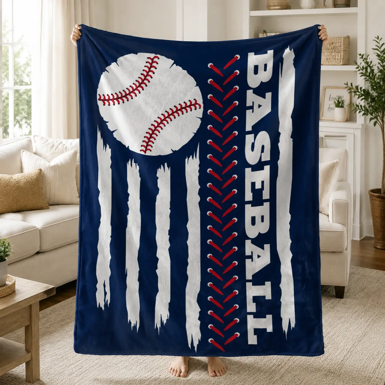 Navy Blue Distressed Stripes Baseball Graphic Throw Blanket Soft Flannel Cozy Blanket Sports Fan Bedroom Man Cave Decor Gift