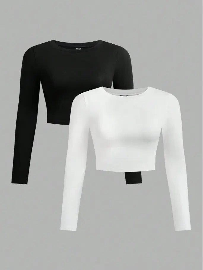 LUNA LAYER Womens Plus Size Long Sleeve Round Neck Crop Tops 2 Pack Black White