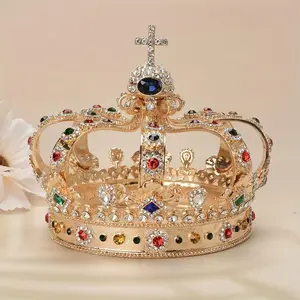 Elegant Baroque Style Crown Diamond-Gold Alloy Vintage Royal Headwear for Role Play and Halloween Wear hair decorative accessory