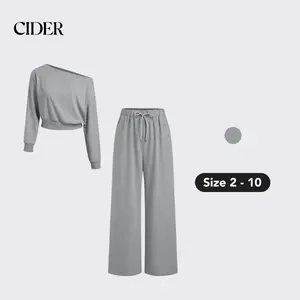 Cider [size 2-10] Terry Asymmetrical Neck Solid Long Sleeve Crop Top & Mid Rise Elastic Waist Knotted Wide Leg Trousers Set