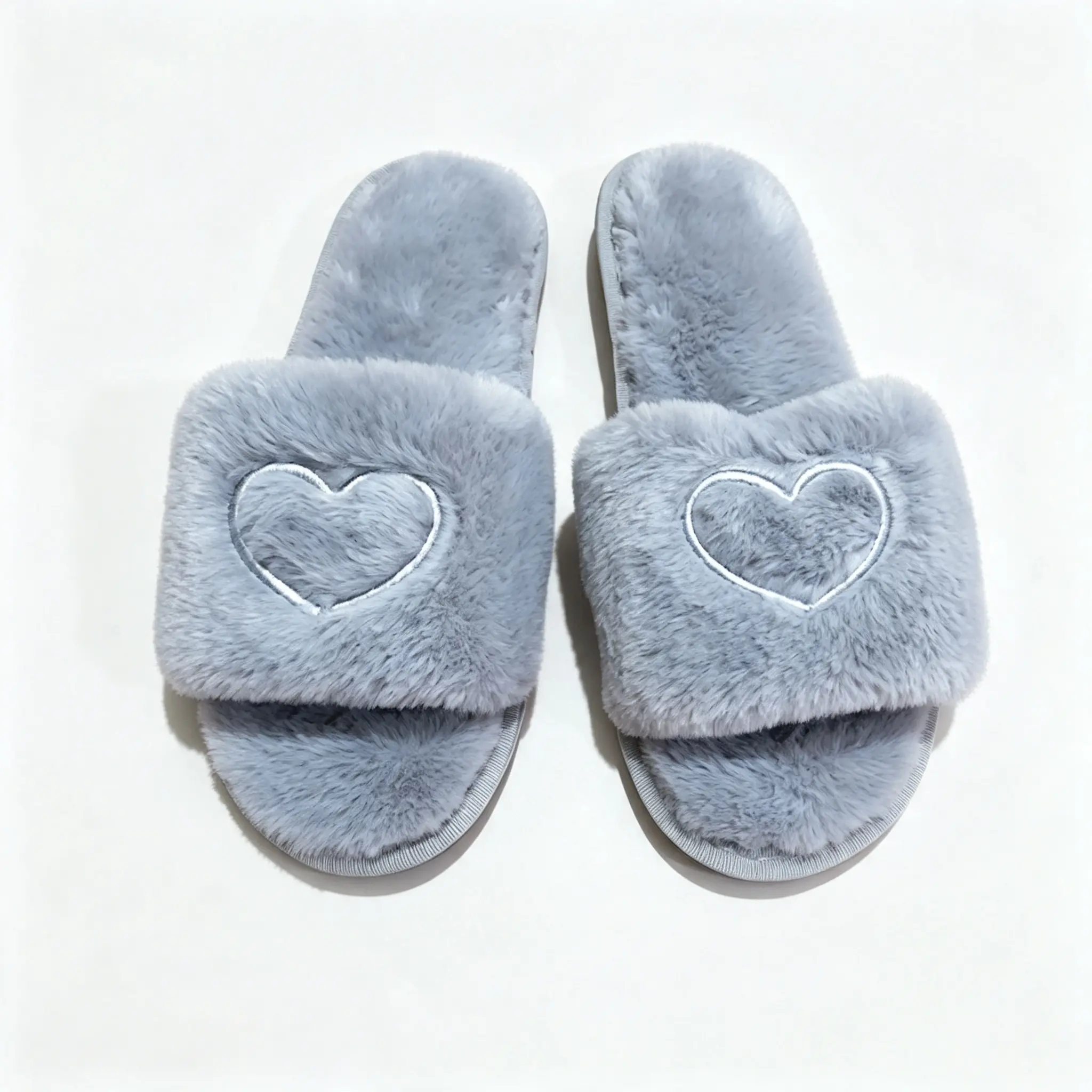 fuzzy heart slippers,plush open toe slides,women indoor house slippers,fluffy bedroom slippers