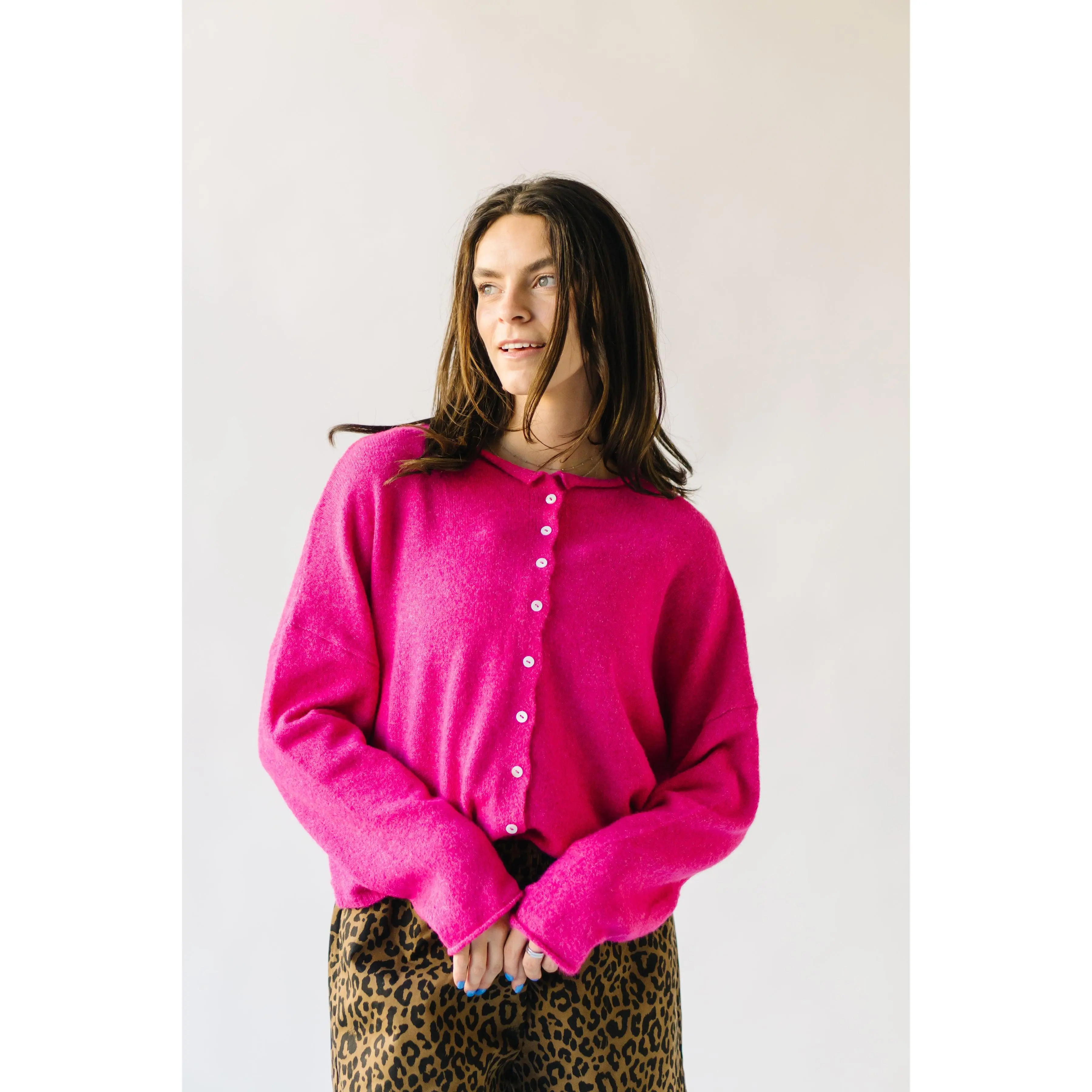The Riggs Button-Down Sweater in Fuchsia