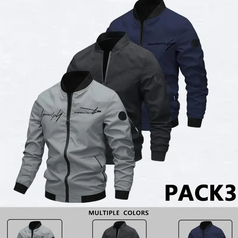 Men's Windproof Polyester Pilot Jacket - Long-Sleeve, Casual, Personalized Letter Embroidery, Zippers, Beige/Gray, Outdoor Adventure, Halloween Gifts, Menswear Tops, No