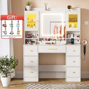 LAKEMID 7 Drawers White Vanity Table with Power Outlet, Lighting Mirror, Hair Dryer Rack, and RGB Cabinets, LED Lighted Vanity Desk Set light up Large Dimmable makeup 【Summervibes】