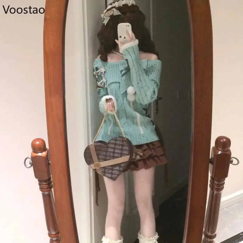 Spring Kawaii Lolita Style 2 Piece Set Women Sweet Bow Slash Neck Knitted Sweater Tops Mini Cake Skirt Suit Femme  Outfits
