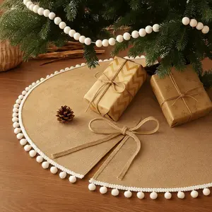 Christmas Tree Skirt Decorations 30 Inch Linen Burlap Xmas Pom Trim Fall Tree Skirt Base Cover for Christmas Winter Home Decorations Holiday Family Party