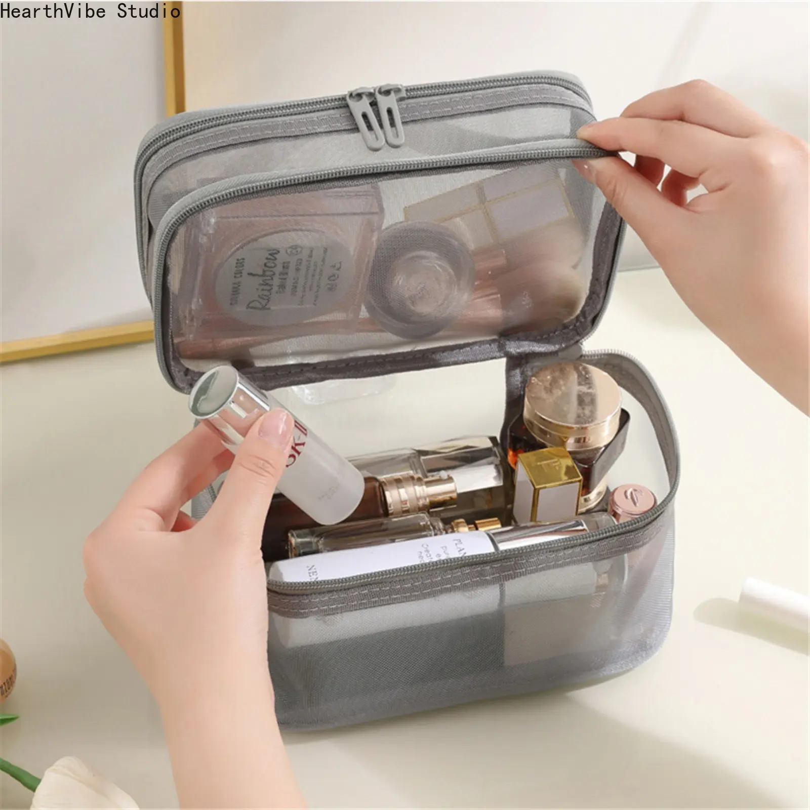 Travel Toiletry Bag - Large Capacity Double-Layer Mesh Polyester Cosmetic Bag, Water-Resistant Portable Breathable Dry-Wet Separated Multi-Purpose Pouch for Holiday, Gym (Sports & Outdoor Camping Hiking Essential), Gym Shower Bag