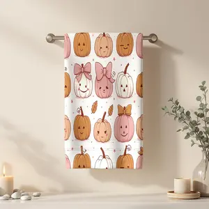 1Pc Halloween Cartoon Pumpkins with Bow Pink Brown Bathroom Hand Towel Bath Towel, Multiple Size Microfiber Towel, Ultra-Soft Quick Dry and Absorbent Polyester Large Bath Towel, Unique Home Decorative Kitchen Towels