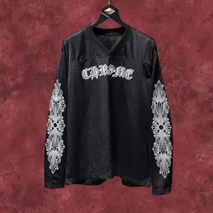 Gothic ChroneH Cross Long Sleeve Jersey Shirt – Oversized Streetwear Mesh Tee, Vintage Y2K Chrome Style