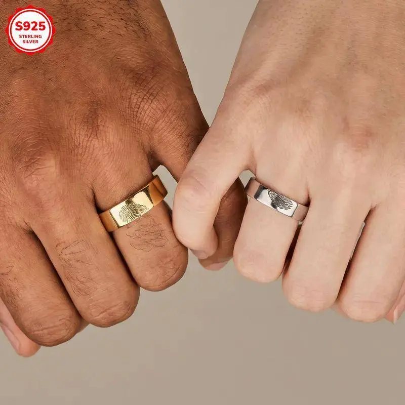 3.5g 925 Sterling Silver Ring Heart-shaped fingerprint ring with engraving, Matching Ringe for Couples, Anniversary Love Promise Rings, Wedding ring for Her