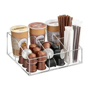 Acrylic Coffee Bar Countertop Organizer, Syrup Dispenser & Condiment Rack, Transparent Kitchen Counter Shelf for Coffee Station, Syrup Bottles, Creamer & Spice Jars, Clear Countertop Storage Rack
