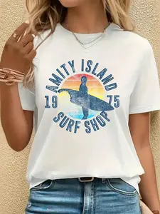 Jaws Amity Island Surf Shop 1975 Retro Logo T-ShirtPrint T-Shirt, Casual Crew Neck Short Sleeved Summer Top