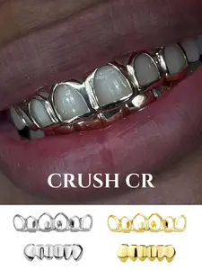CRUSH CR 14K Gold Plated Open Face Grillz Set for Women Men Minimalist Hollow Teeth Design Perfect for Hip Hop Concerts Streetwear Fits Club Nights Urban Street Style Ideal Bling Dental Jewelry Accessory