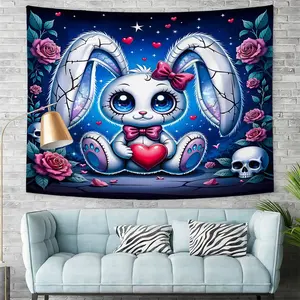 Whimsical Gothic Bunny Tapestry, Cute Yet Eerie Large Wall Hanging featuring a Fluffy White Bunny with Blue Eyes and Pink Accents, Perfect for Bedroom Decor, Surreal Digital Print Wall Tapestry for Unique Home and Living Spaces